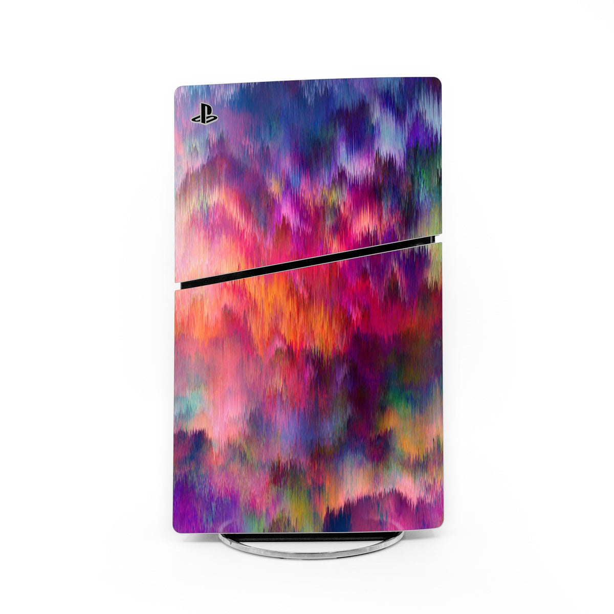 PlayStation 5 Slim console skin with purple pink blue storm pattern and black center stripe