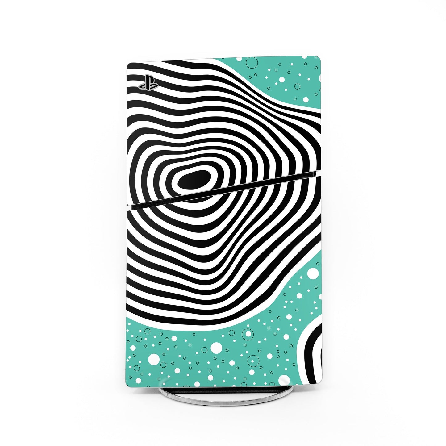 PlayStation 5 Slim skin with black swirl lines and mint green dotted accents