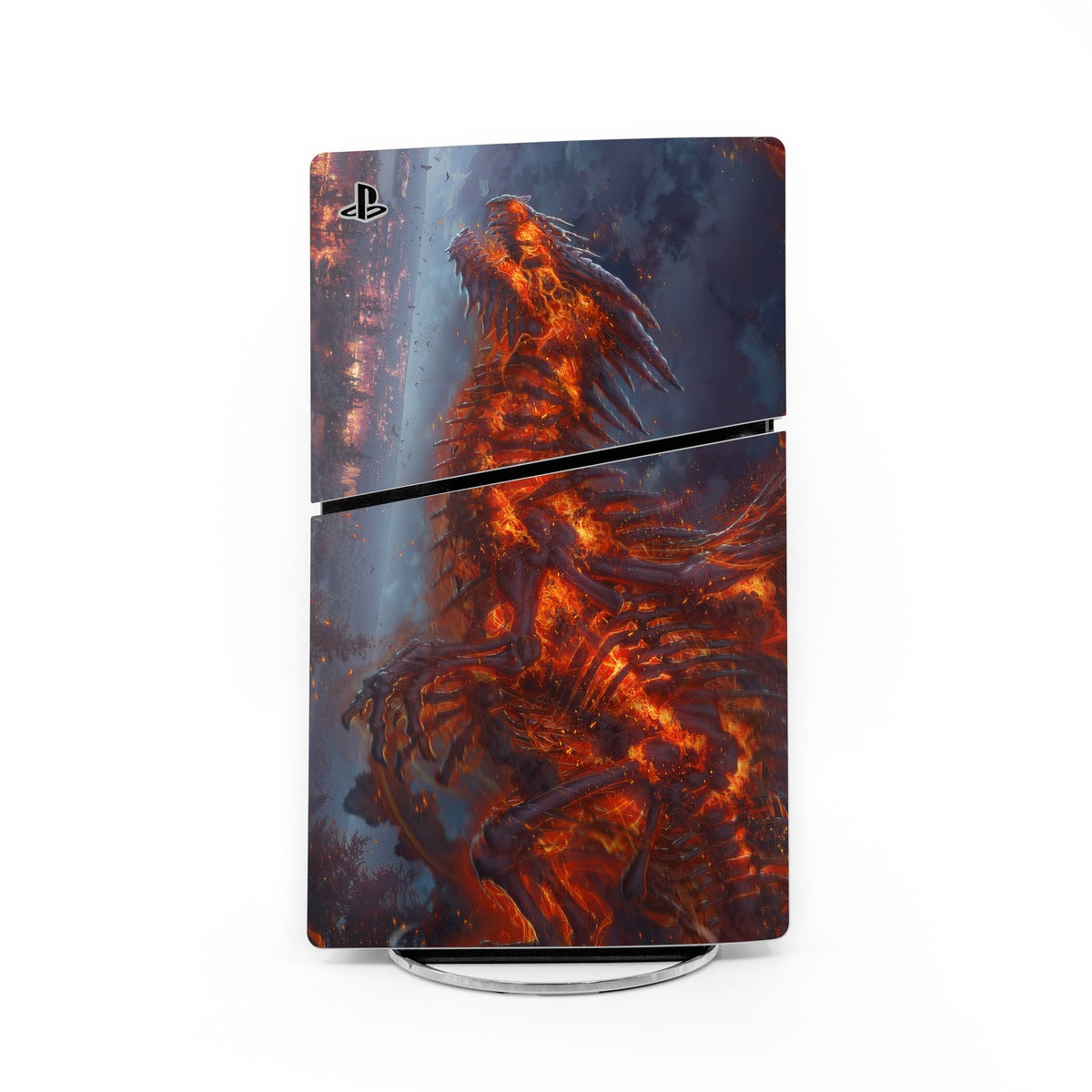 PlayStation 5 Slim skin with fiery orange demon and dark blue artwork.