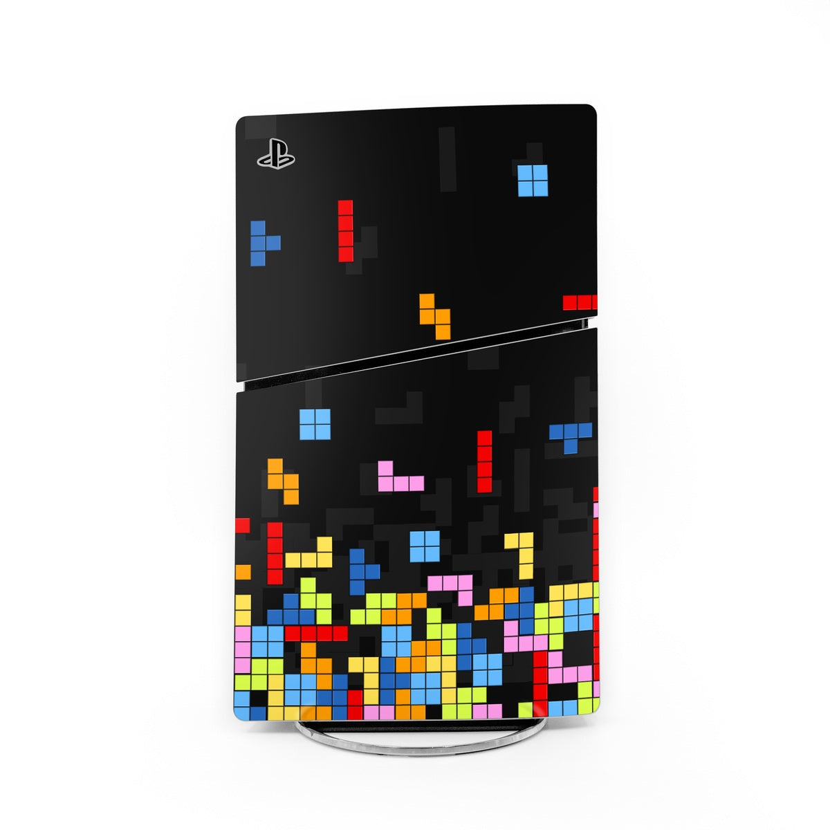 PlayStation PS5 Slim console skin, black with colorful pixel pattern and blue window icons