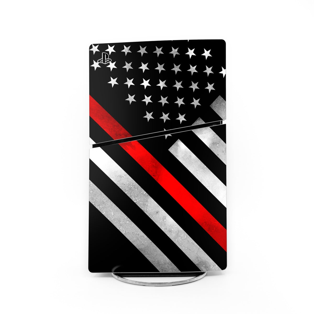 PS5 Slim console skin with black, red, and white star-and-stripe graphic