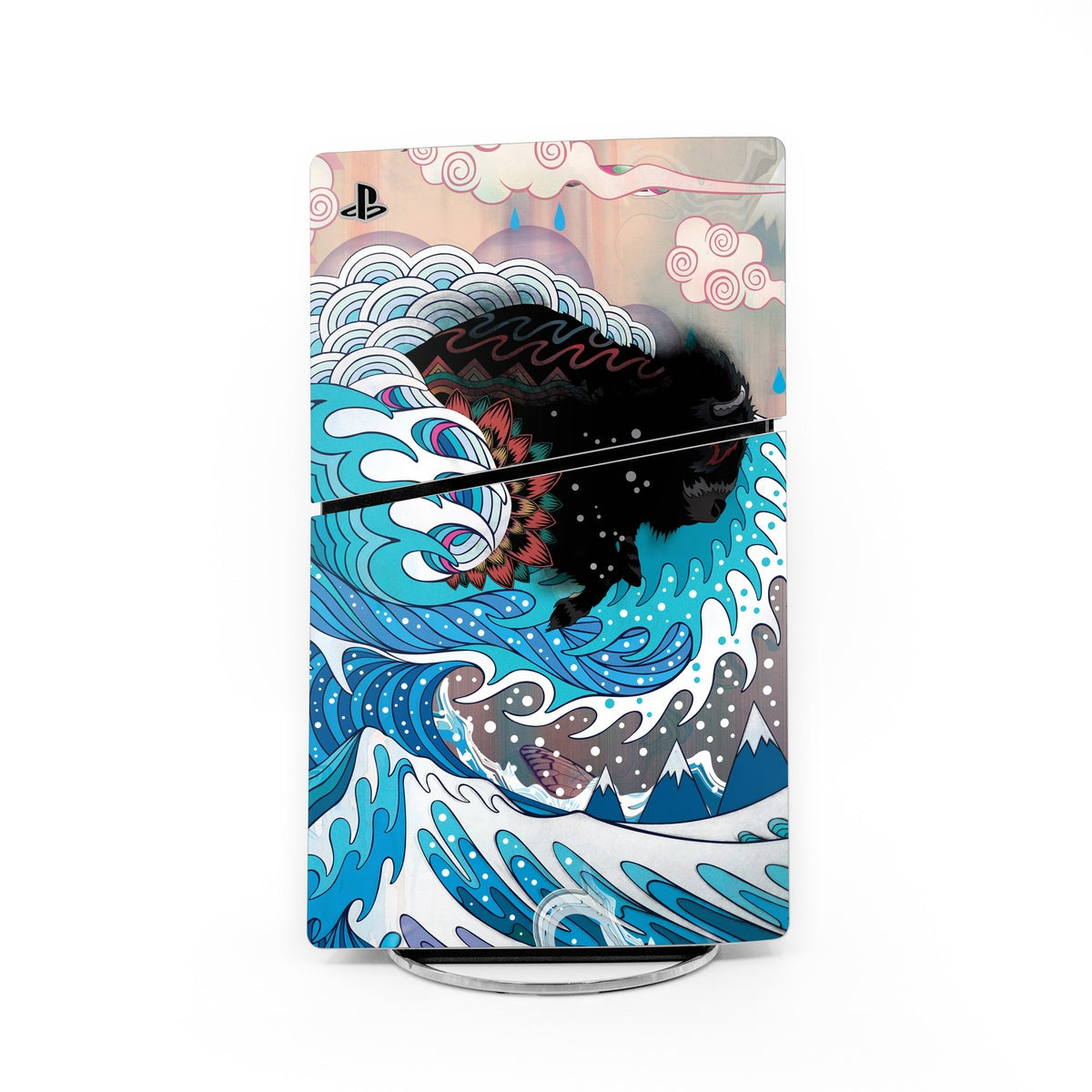PlayStation 5 Slim console skin with blue wave and black dragon graphic, glossy finish