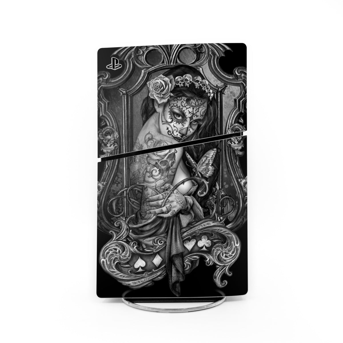 PlayStation 5 Slim skin with gothic woman and rose artwork, black and gray design
