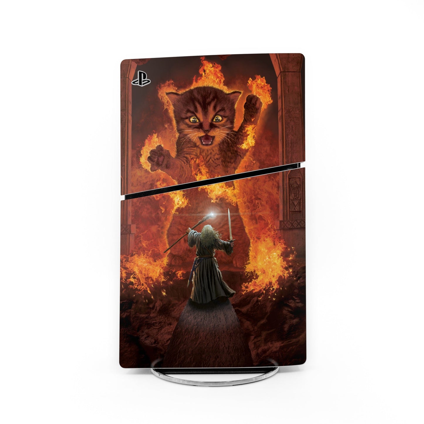 PS5 Slim skin with fiery character and creature graphic, full-cover console wrap
