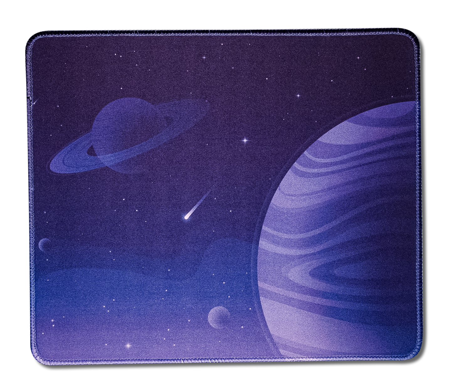 Desk mat close-up with dark purple starfield and Saturn-like ring design