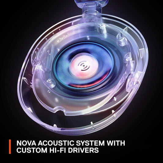 Wireless gaming headset earcup showing transparent custom hi-fi driver assembly