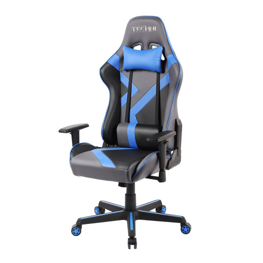 Gaming chair with blue headrest pillow, black seat, and blue-striped side back panel