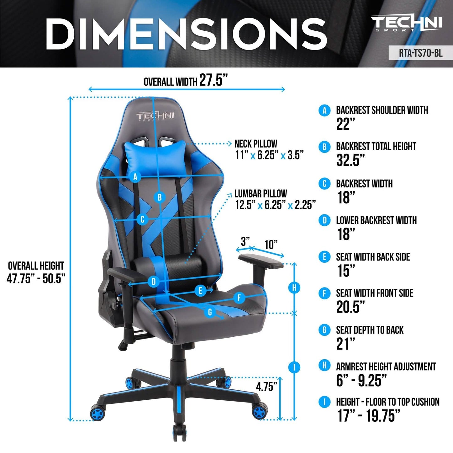 Gaming chair side view with blue headrest pillow, black seat, and cross base wheels
