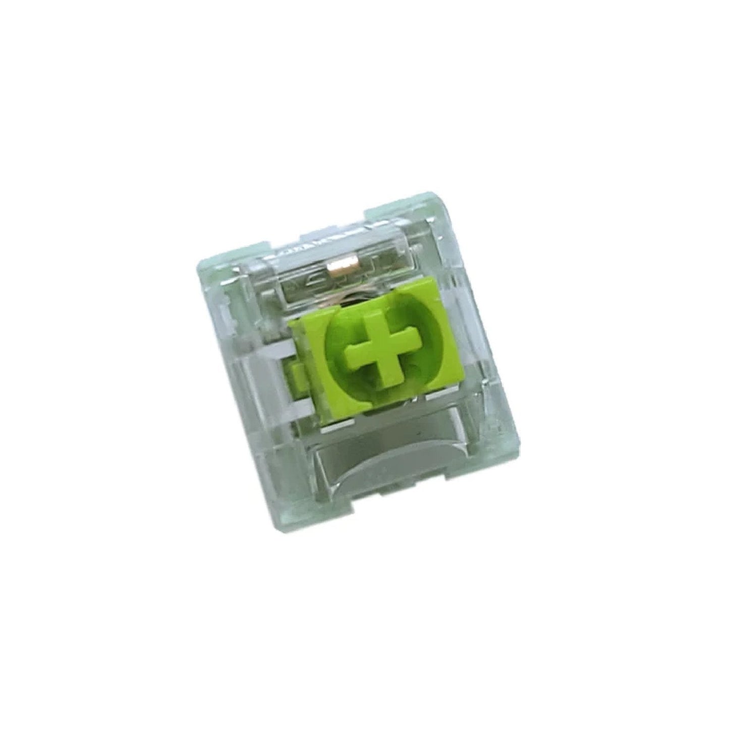 Mechanical keyboard switch close-up with lime-green cross stem and clear translucent housing