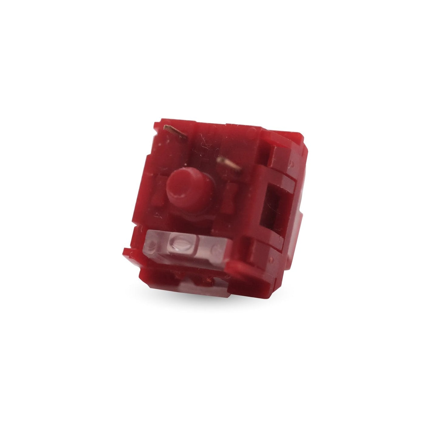 Red mechanical keyboard switch angled view showing stem and housing cutouts