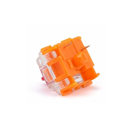 TTC mechanical keyboard switch angled view, clear housing, orange frame, red stem