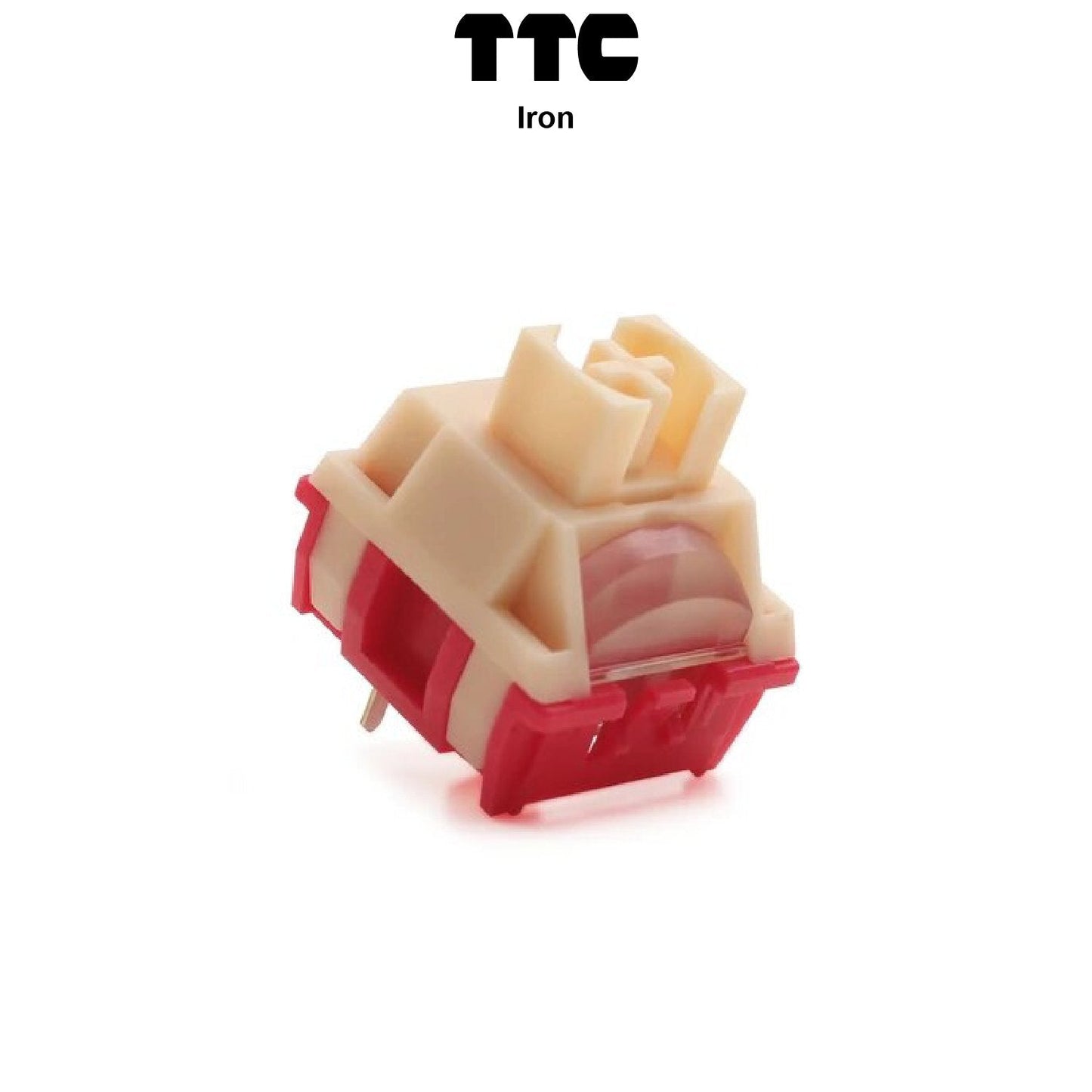 Mechanical keyboard switch with cream housing, red base, and clear stem