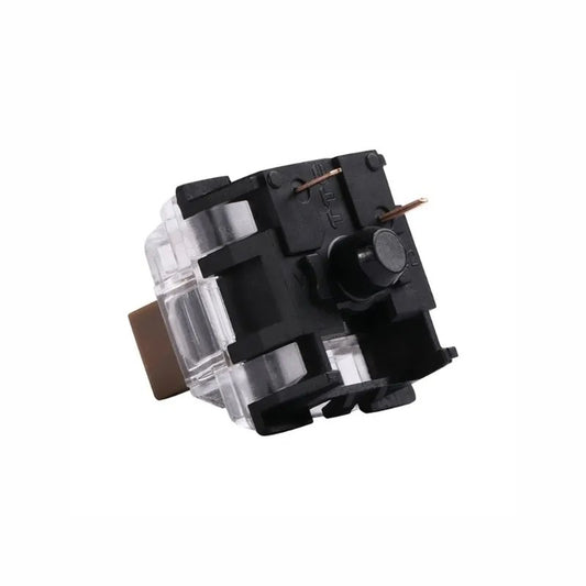 Mechanical keyboard switch underside view with brown stem, black housing, two metal pins