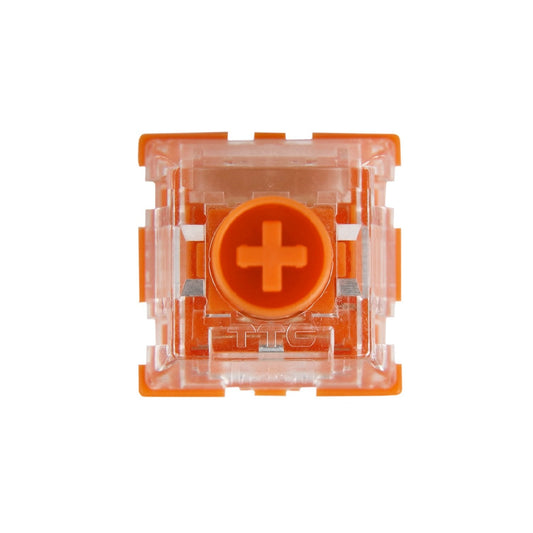 Front view of orange RGB mechanical keyboard switch with cross-shaped contact