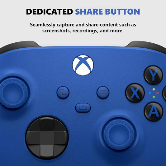 Xbox Core wireless controller blue close-up, showing share button and thumbsticks