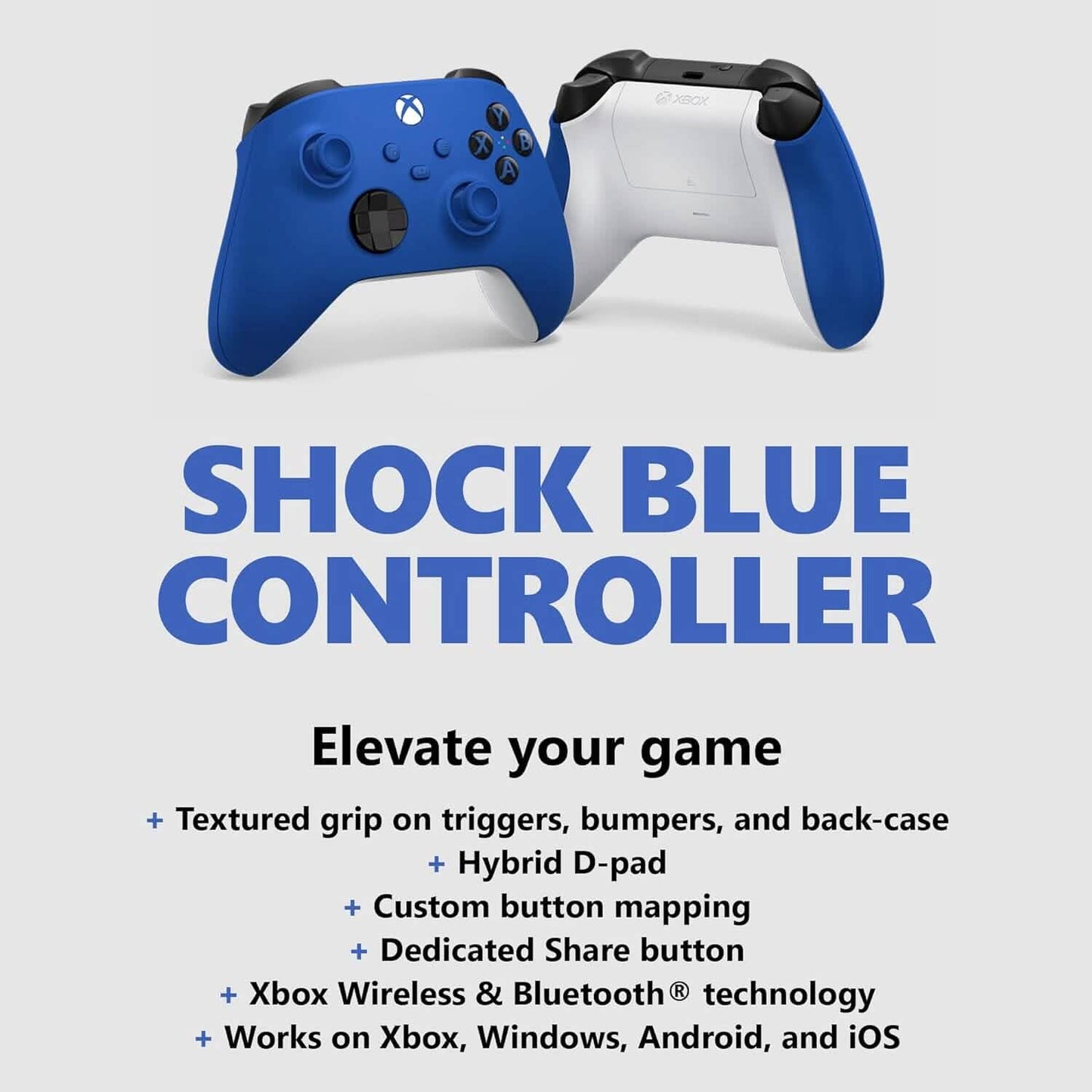 Blue and white Xbox wireless controllers with thumbsticks, triggers, and face buttons