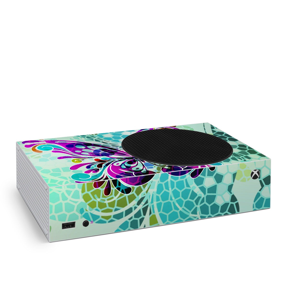 Microsoft Xbox Series S glass skin with turquoise mosaic and purple butterfly design