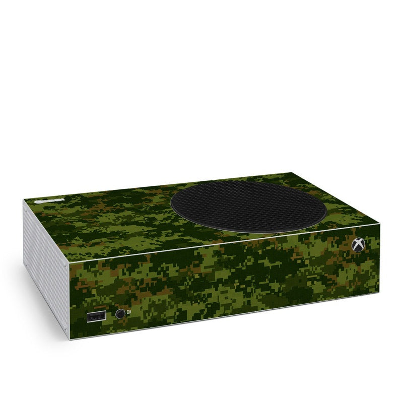 Xbox Series S skin with green pixel camouflage pattern and black top vent cutout