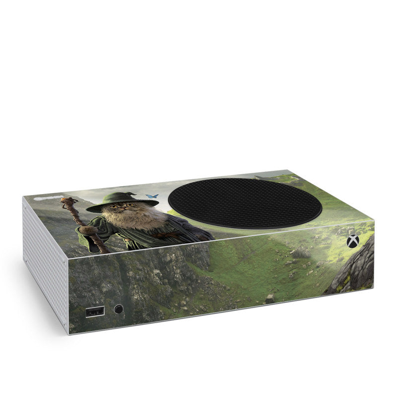 Xbox Series S console skin with green landscape and cat character graphic