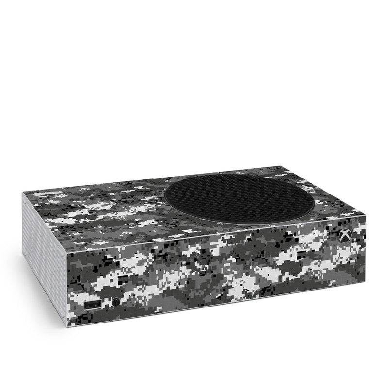 Xbox Series S skin with digital urban camo pattern and circular top cutout