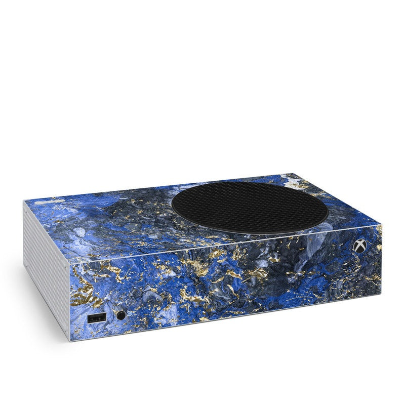 Xbox Series S skin with blue and gold marble pattern, circular vent cutout.