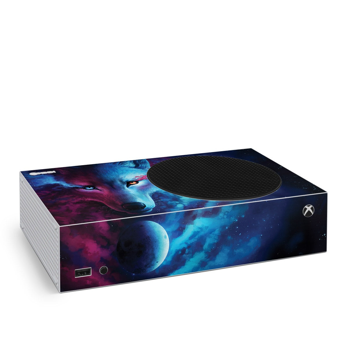Xbox Series S skin with blue and purple abstract face graphic and circular top cutout