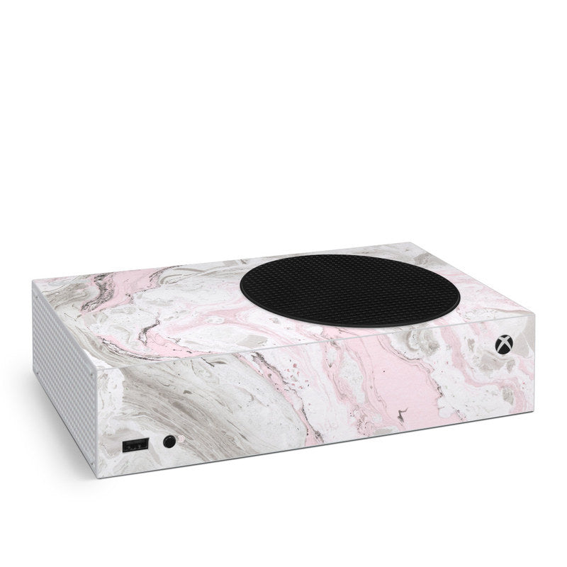 Xbox Series S skin with pink and gray marble pattern and black top vent cover