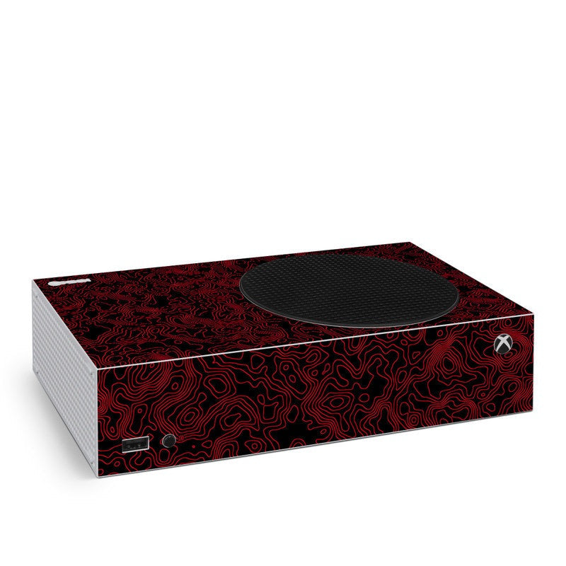 Xbox Series S console skin with red and black circuit pattern and Xbox logo