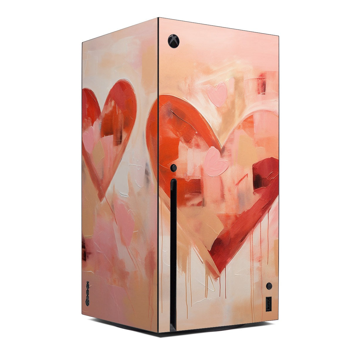 Xbox Series X console skin with abstract red and pink heart art on light background