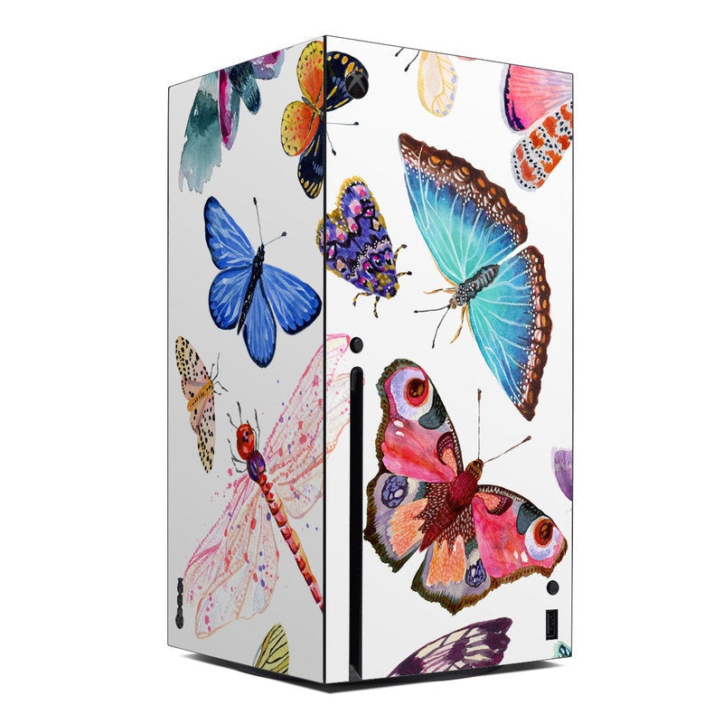 Xbox Series X console skin with colorful butterfly scatter on white