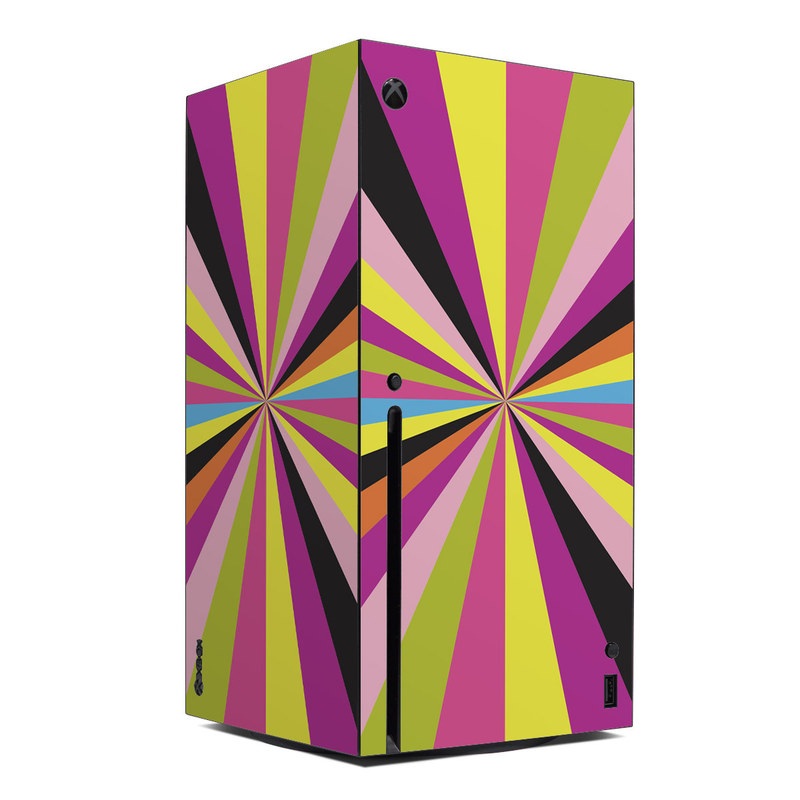 Xbox Series X skin with colorful starburst stripes in purple, pink, yellow, and green