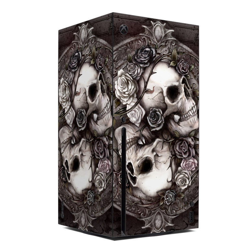 Xbox Series X skin with skull and rose artwork in dark grayscale tones