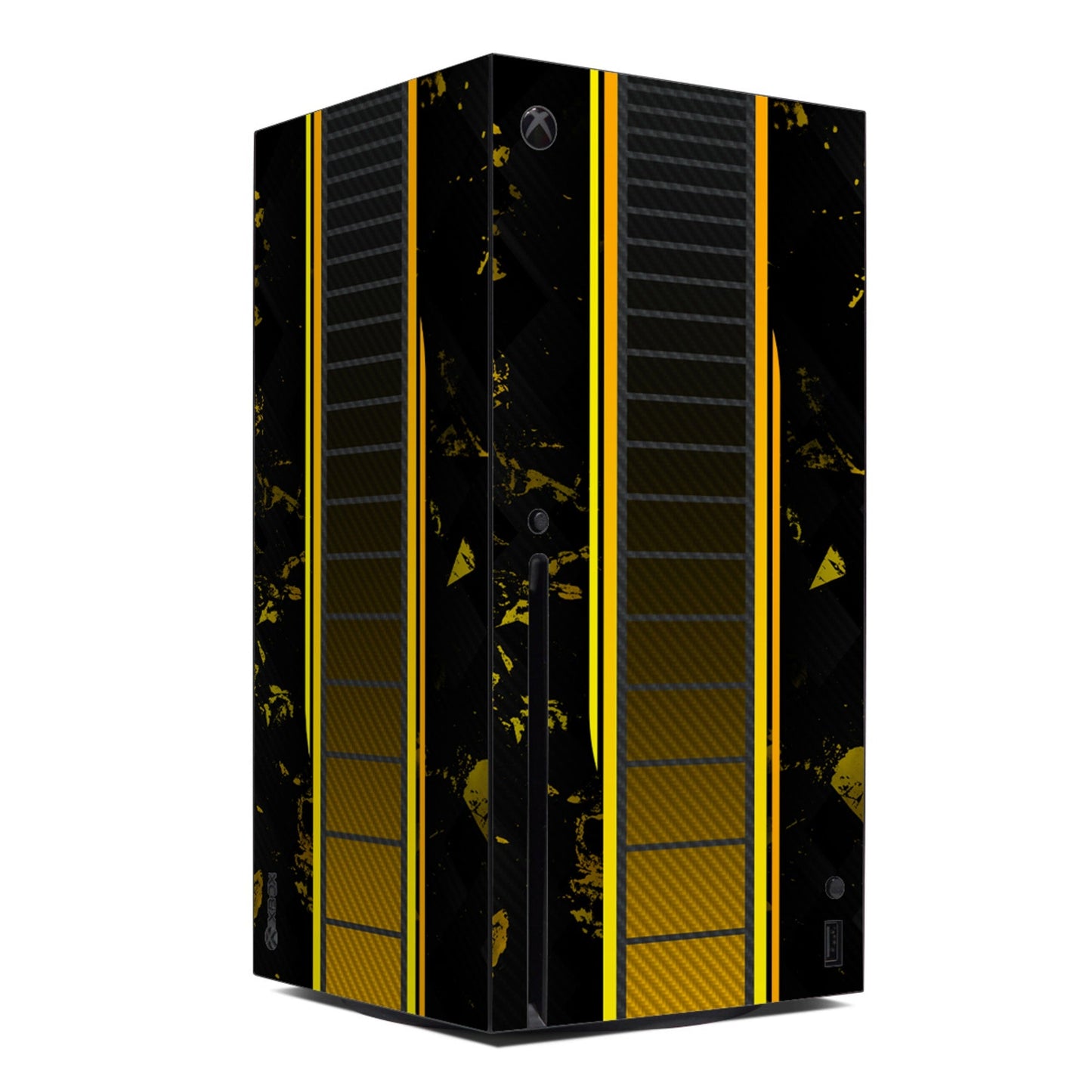 Xbox Series X console skin with black base, yellow racing stripes, and splatter graphics