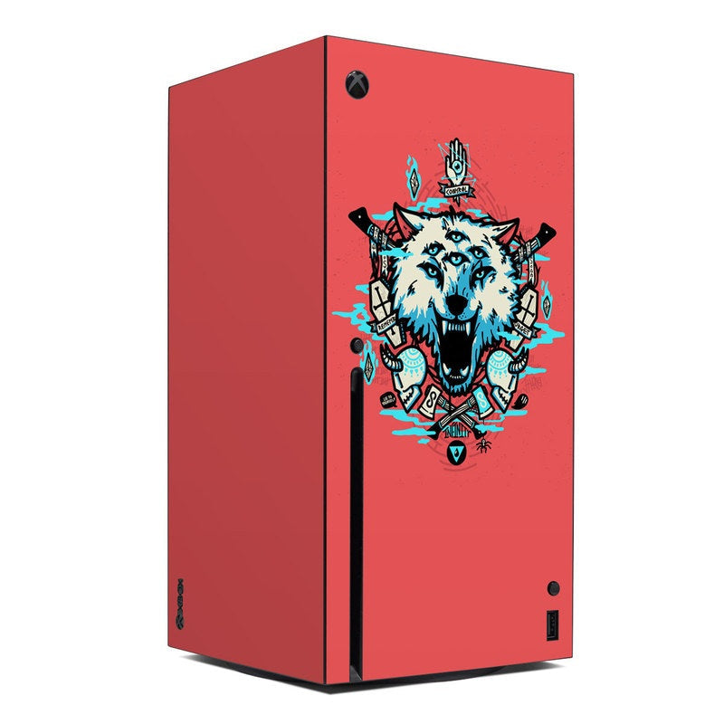 Xbox Series X skin with red finish and blue wolf mascot graphic, cutouts for ports