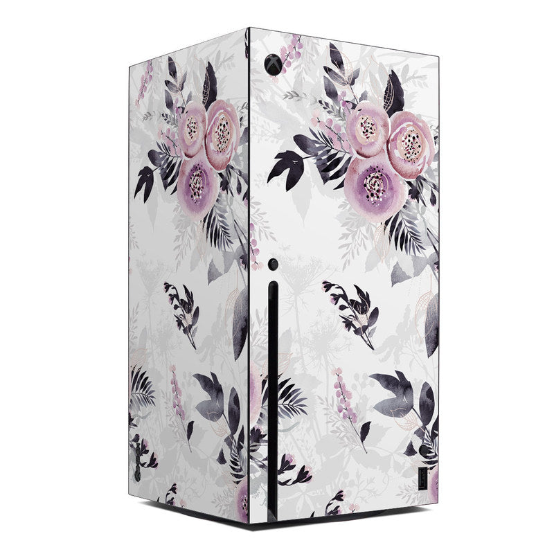 Xbox Series X skin, white with purple floral and bird graphics
