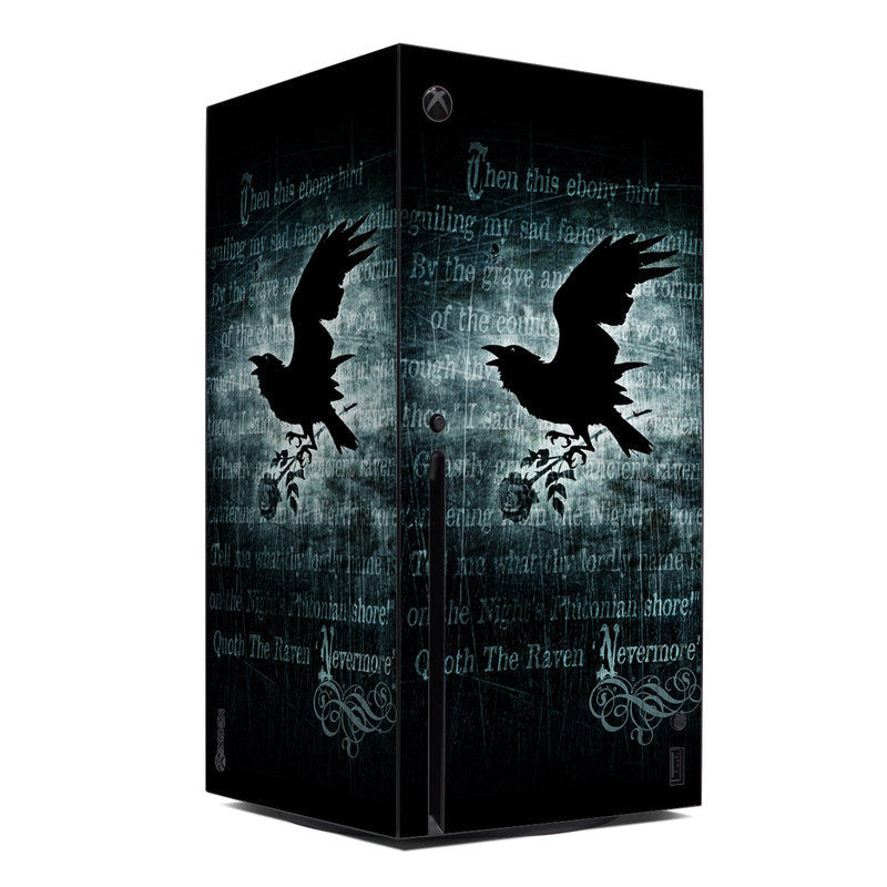 Xbox Series X skin with black raven silhouettes and text graphics