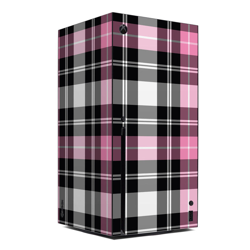 Pink plaid Xbox Series X console skin with black and white grid lines