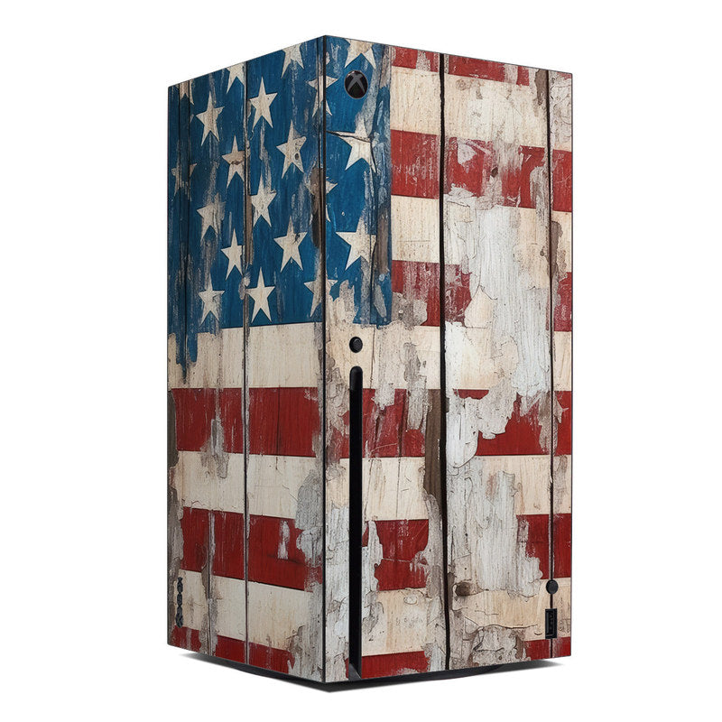 Xbox Series X skin with distressed American flag design, blue stars and red stripes