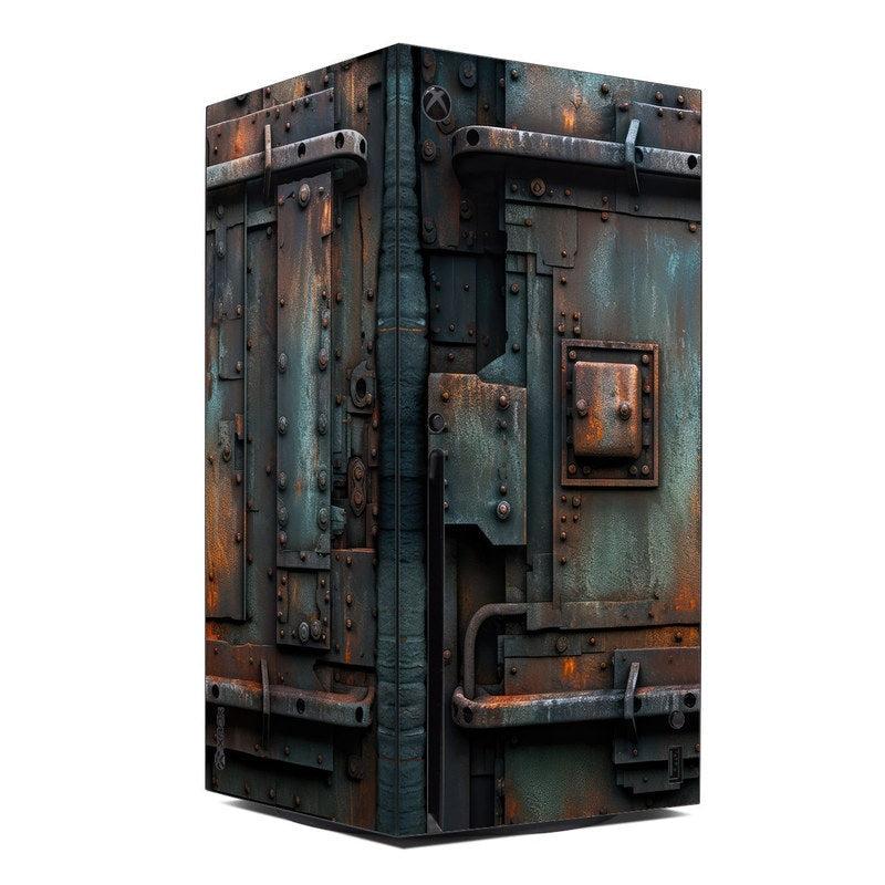 Xbox Series X console skin with dark blue-green metal panels, rivets, and rust-orange accents
