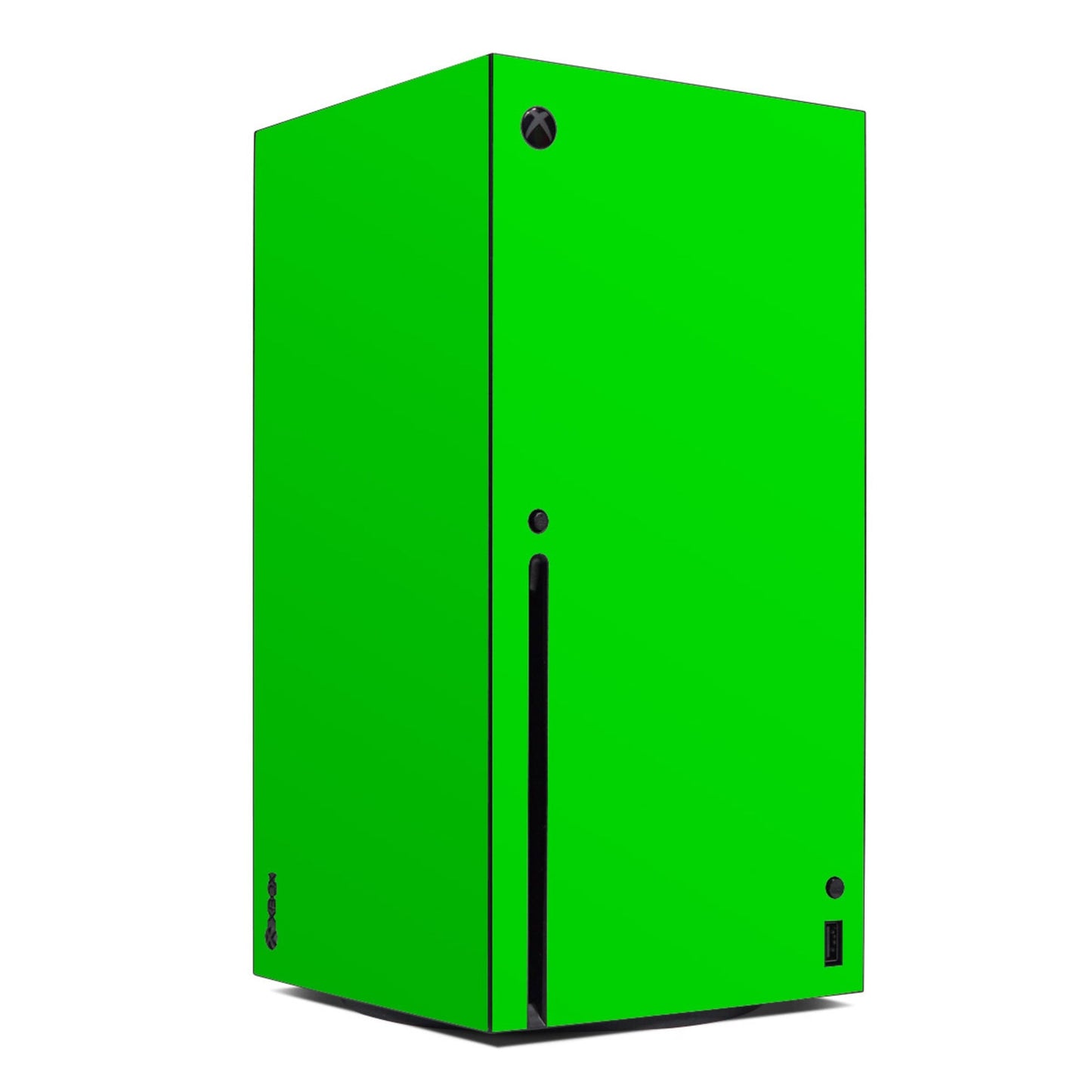 Xbox Series X skin in bright green with black port cutouts and logo circle