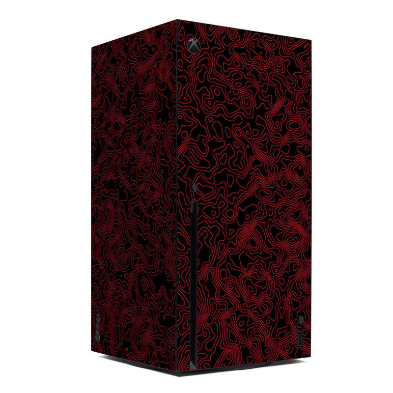 Xbox Series X console skin with red circuit-line pattern, black background