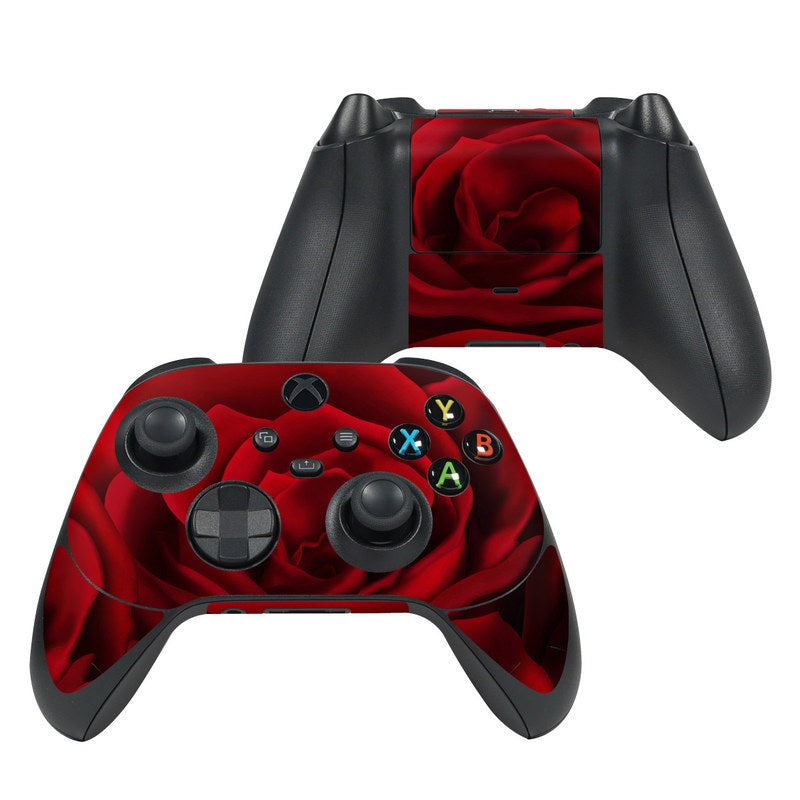 Xbox Series X controller skin, red floral rose design over black buttons and grips