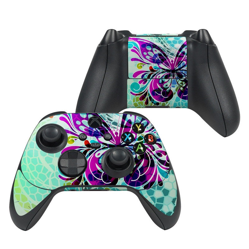 Xbox Series X controller skin with colorful butterfly graphic on teal and purple.