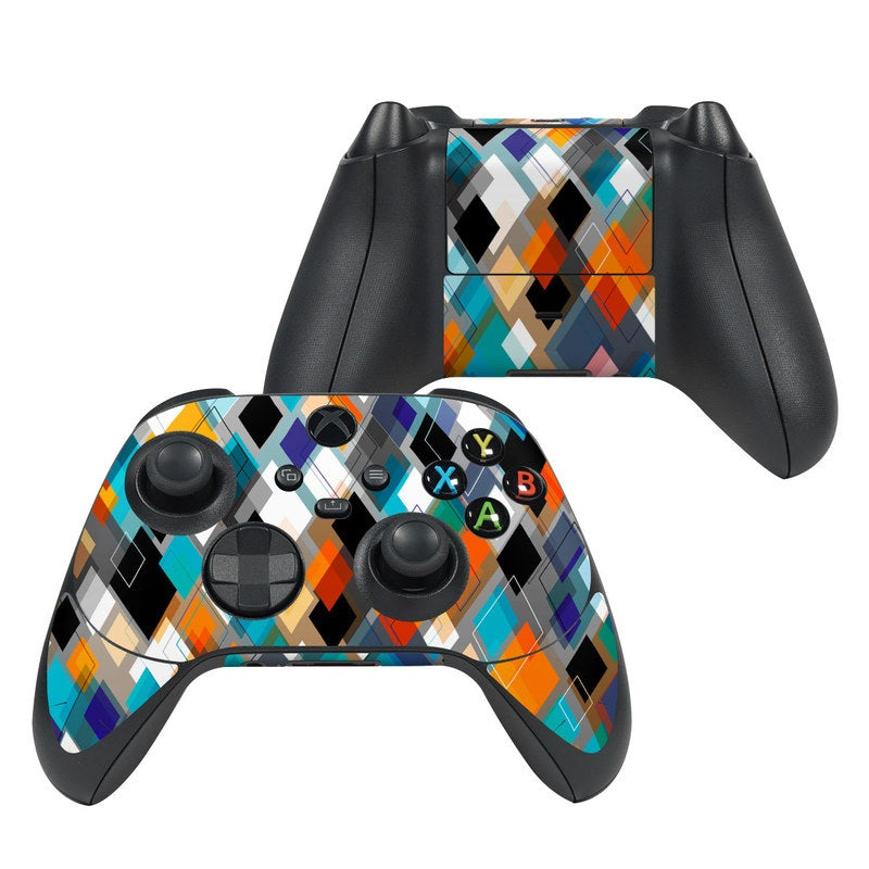 Xbox Series X controller skin with colorful geometric diamond pattern, button cutouts