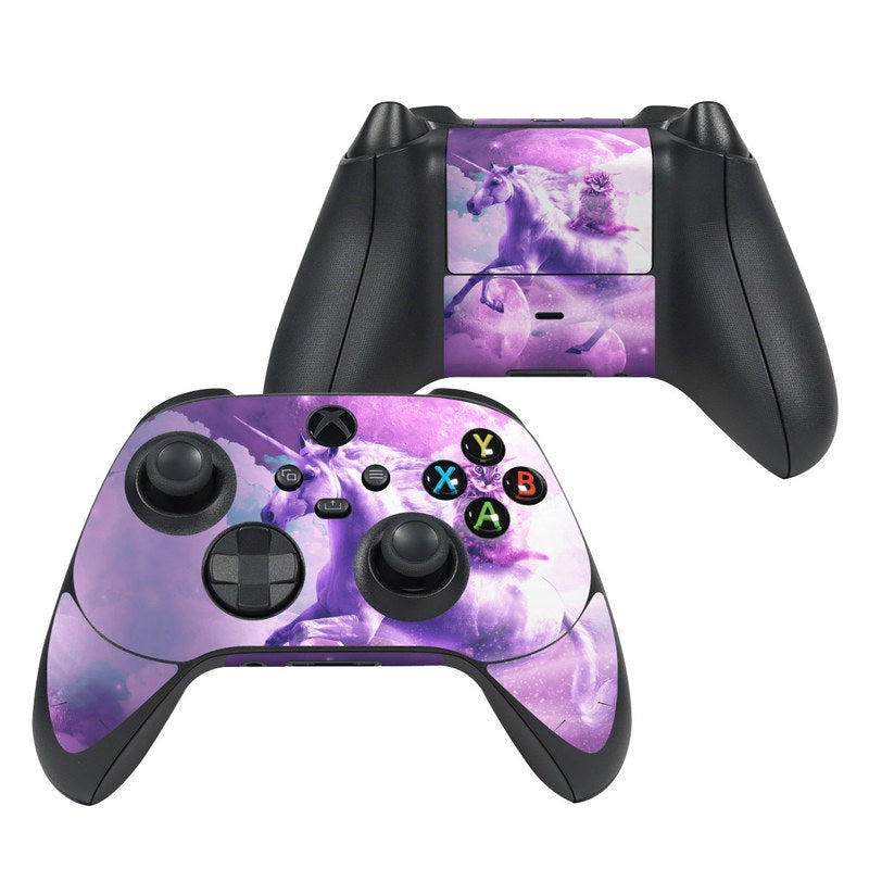 Xbox Series X controller skin, purple unicorn cat graphic over black controller buttons