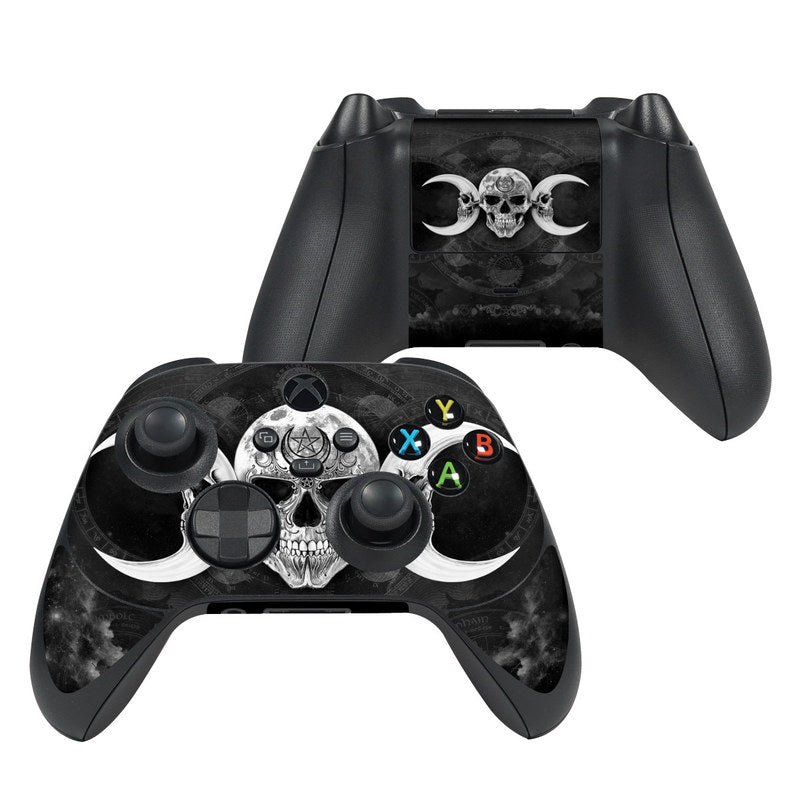 Xbox Series X controller skin, black with skull graphics and colorful button icons.