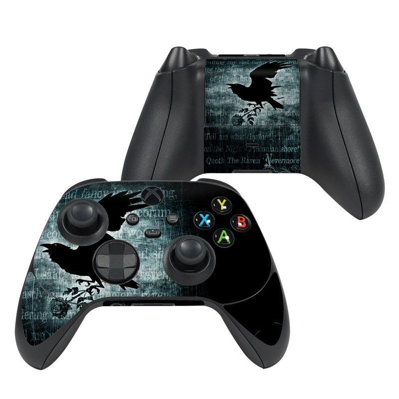 Xbox Series X controller skin with black and teal raven design, button overlays