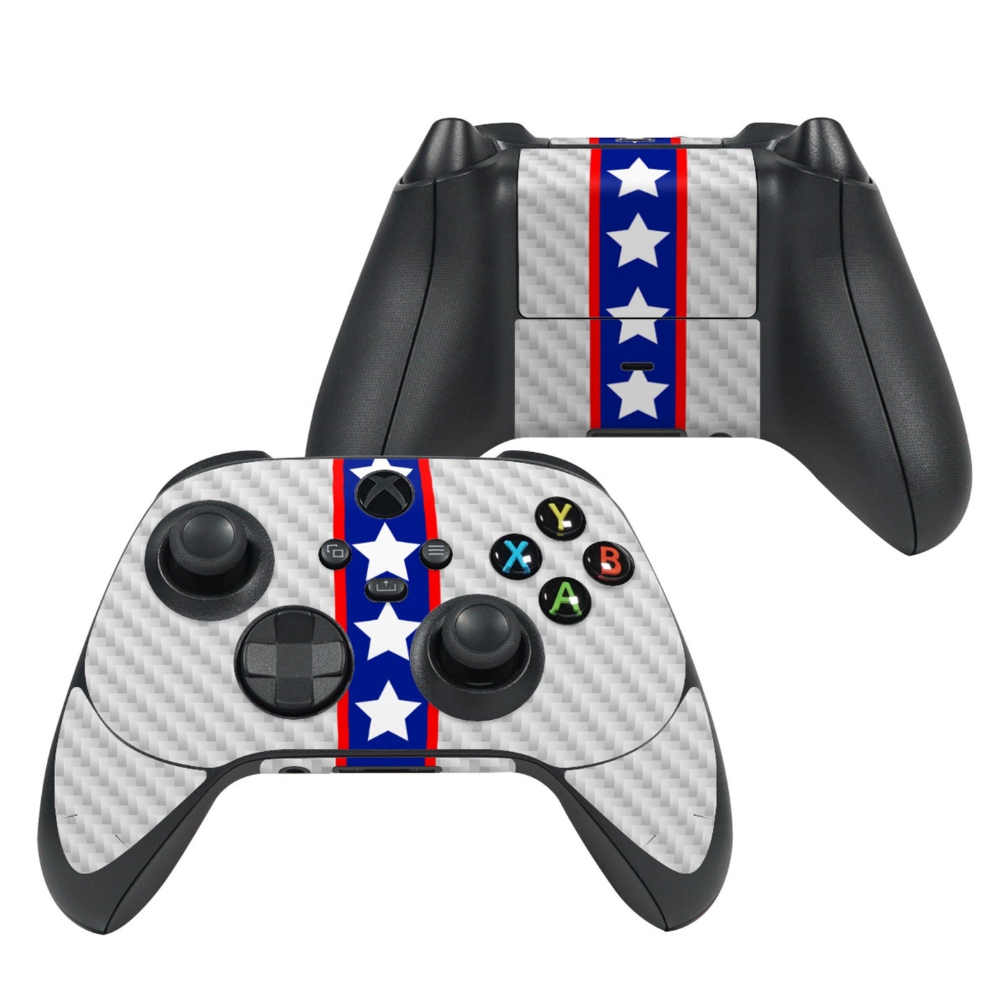 Xbox controller skin for Series X, gray carbon-fiber with blue star center stripe