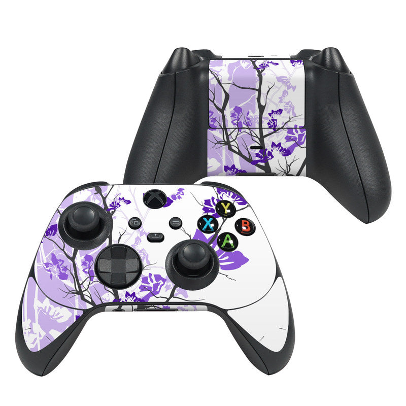Xbox Series X controller skin with purple floral tree pattern on white background