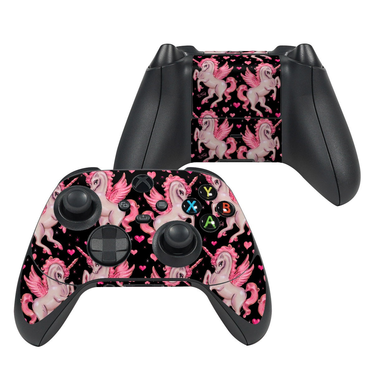 Xbox controller skin: pink unicorns and hearts on black, fitted over buttons